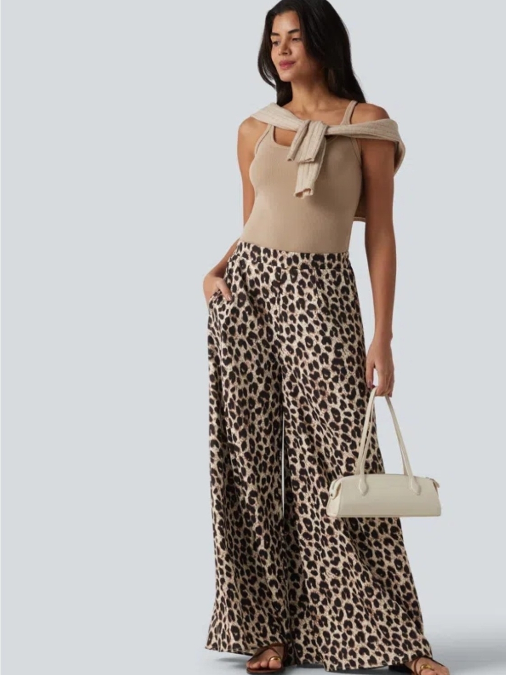 High Waisted Wide Leg Leopard Print Casual Pants with Pockets